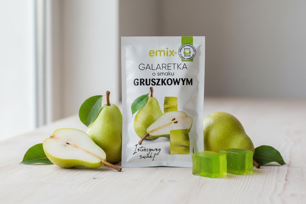 Emix pear jelly packet on a wooden surface with fresh green pears and translucent green jelly cubes