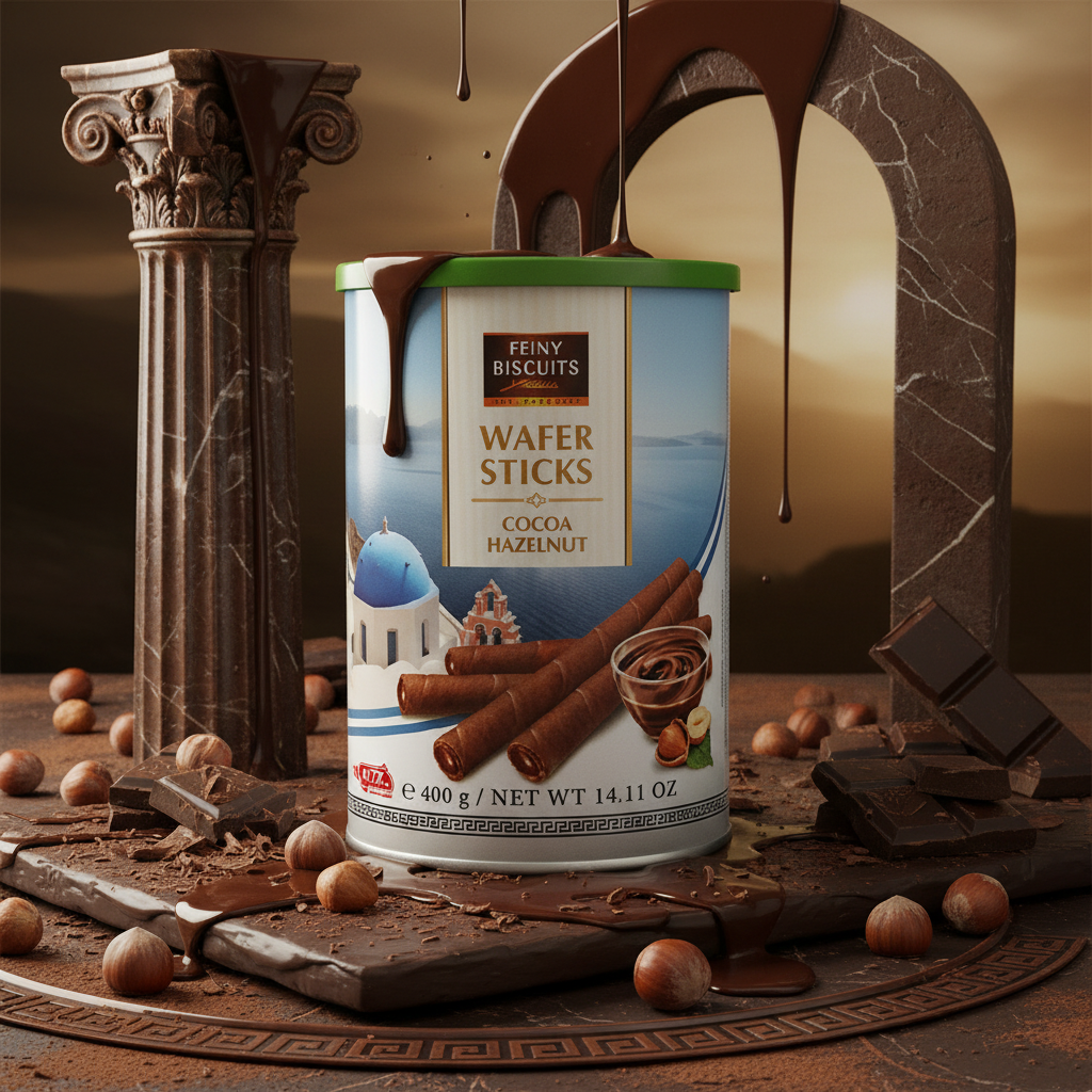 Feiny Biscuits Wafer Sticks Cocoa Hazelnut with elegant background