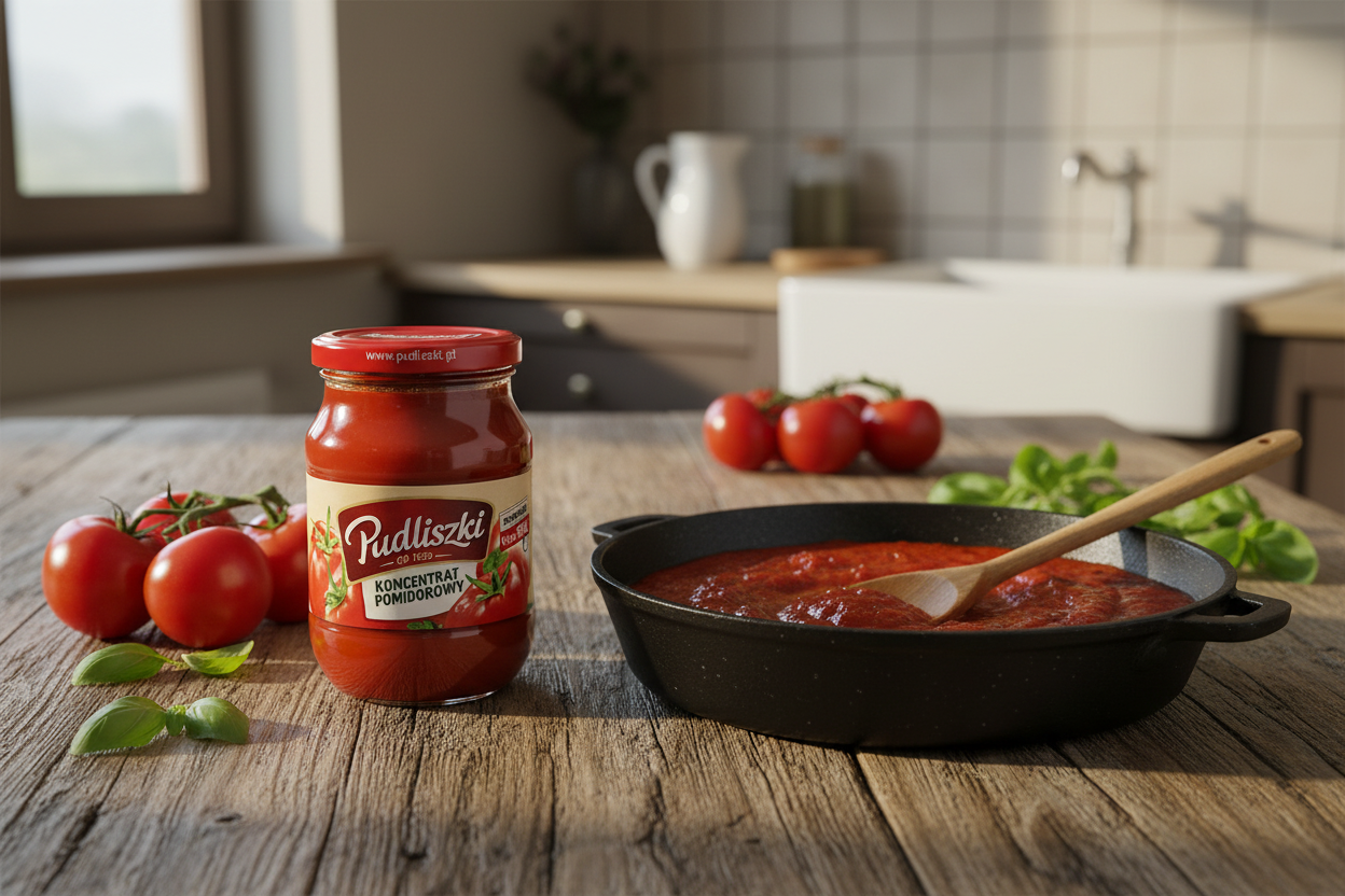 Pudliszki tomato paste jar on a farmhouse kitchen table with fresh tomatoes and a cast iron pan of tomato sauce