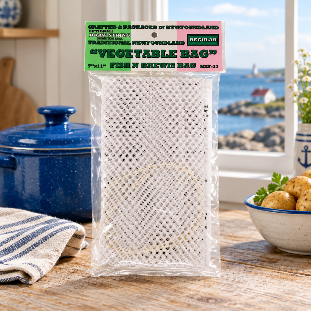 Packaged regular 7 by 11 inch Newfoundland mesh vegetable bag in a coastal kitchen setting