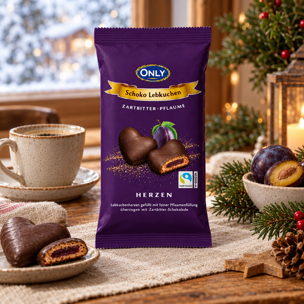 ONLY plum Lebkuchen hearts in a Christmas breakfast setting