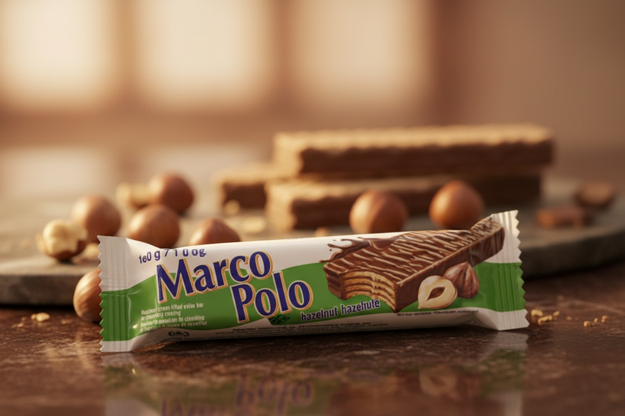 Marco Polo hazelnut wafer bar with roasted hazelnuts