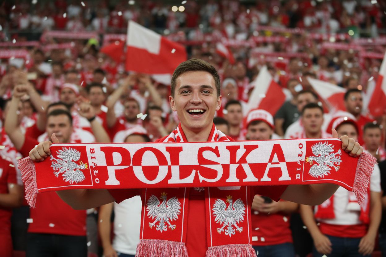 Person wearing red and white Polska fan scarf at a football stadium cheering for Poland