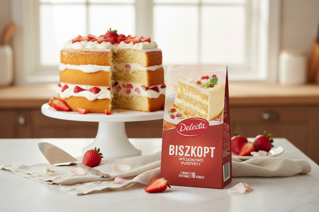 Delecta Biszkopt packet beside a tall fluffy golden sponge cake layered with whipped cream and fresh strawberries on a white cake stand