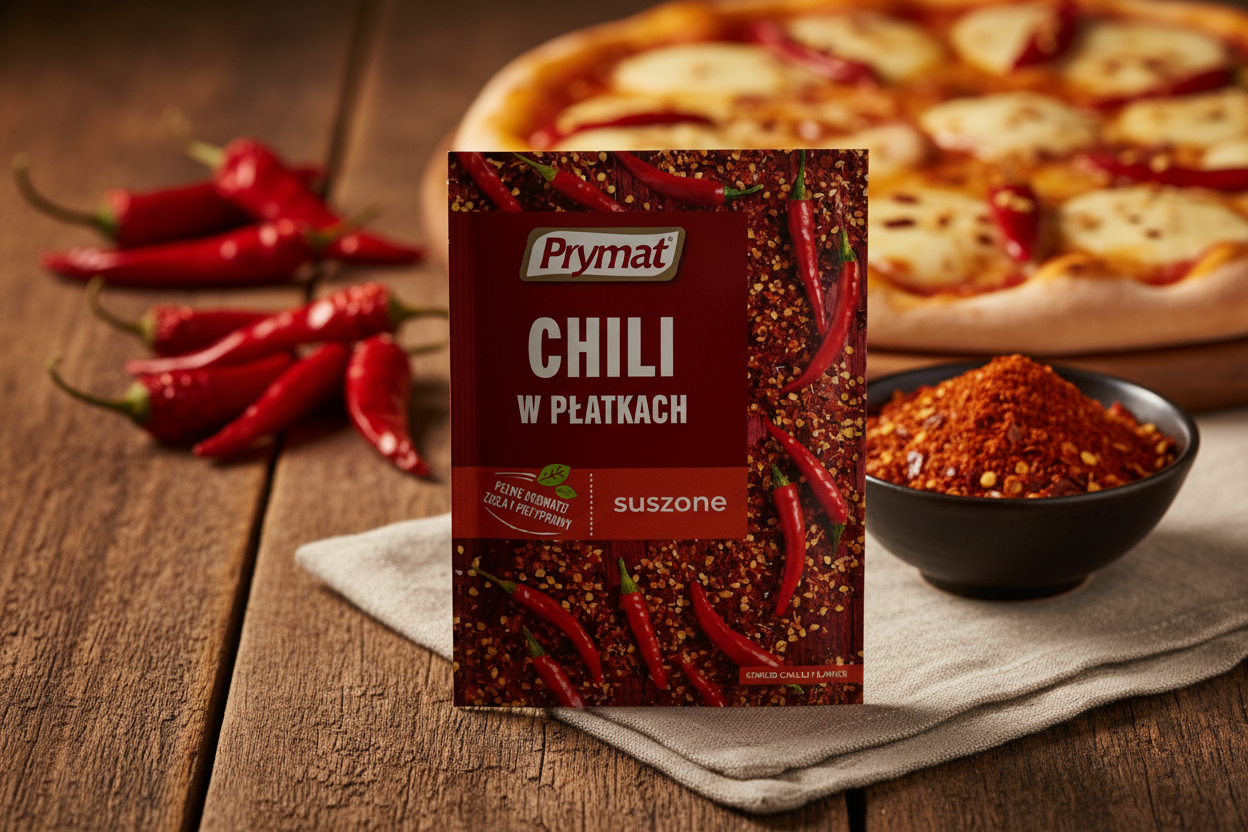 Prymat chilli flakes packet on a rustic wooden table with whole dried red chilli peppers and dark ceramic bowl of vibrant red-orange chilli flakes with visible seeds and rustic pizza with chilli flakes over golden mozzarella in the background