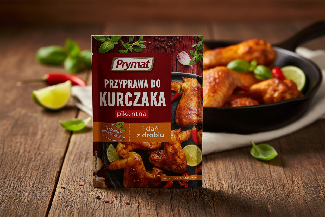 Prymat spicy chicken seasoning packet on a rustic wooden table with golden-crispy spicy chicken wings with deep orange-red spice crust on dark cast iron pan with fresh red chilli slices and lime wedges scattered alongside and fresh basil leaves in warm dramatic amber light