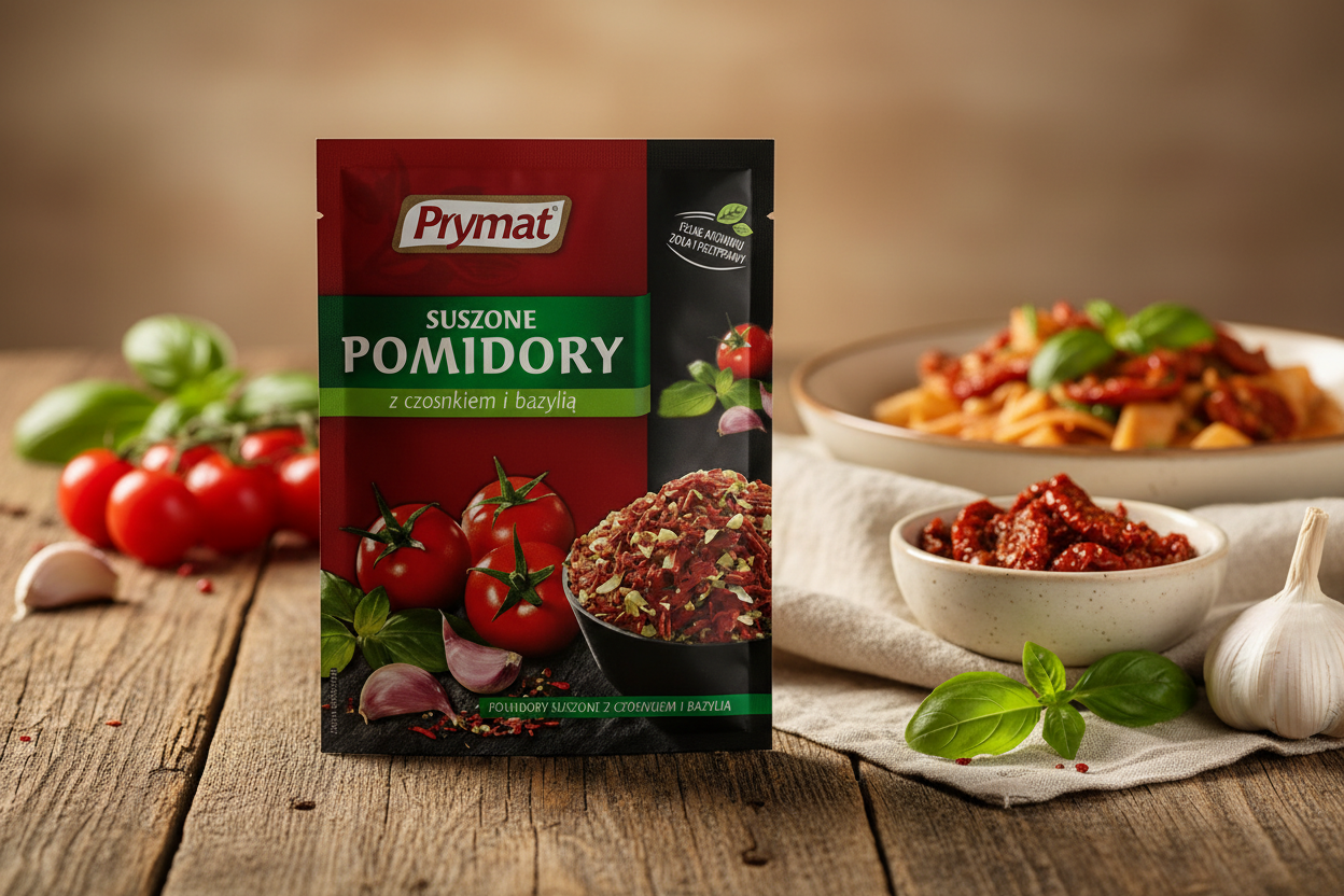 Prymat sun-dried tomatoes packet on a rustic wooden table with vibrant red sun-dried tomato pieces in white ceramic bowl and fresh cherry tomatoes on the vine and garlic cloves and fresh basil leaves scattered and rustic pasta dish in the background