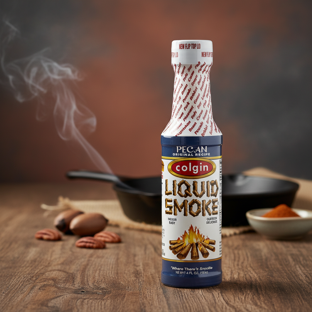 Colgin Pecan Liquid Smoke bottle with premium background