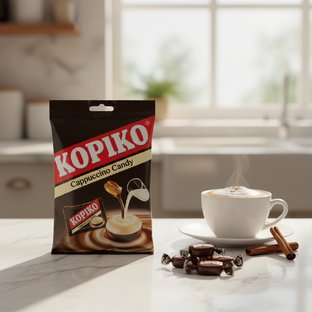 Kopiko Cappuccino Candy lifestyle shot on kitchen counter