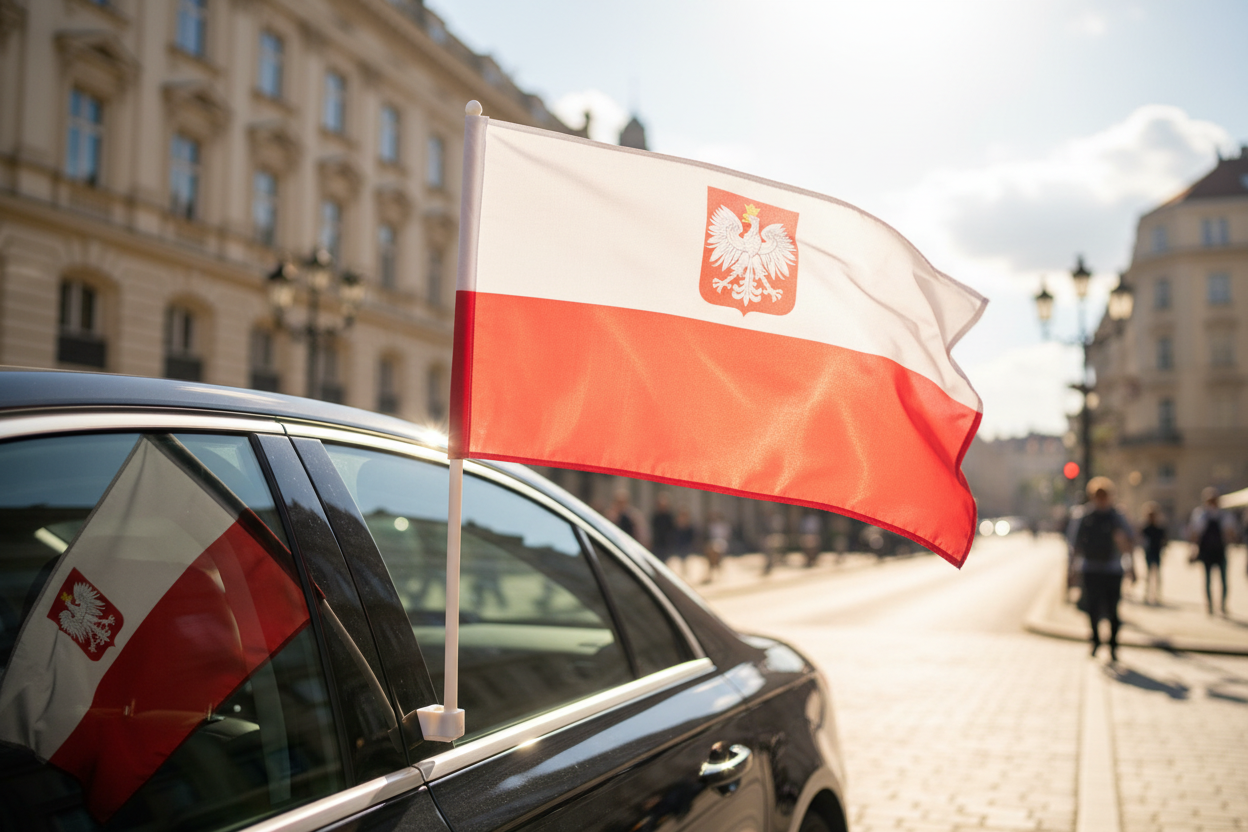 Polish car flag with eagle crest mounted on a car window flying in the wind