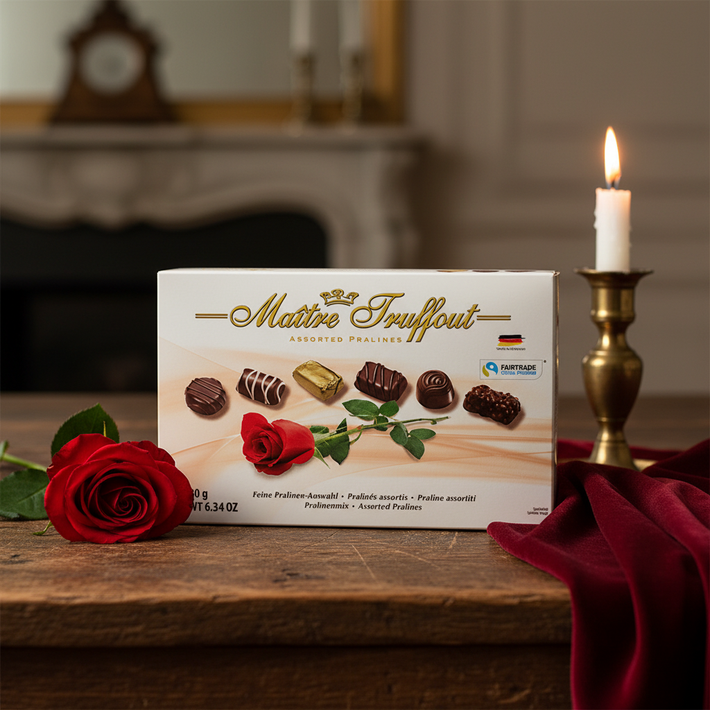 Maitre Truffout Assorted Pralines with realistic romantic background