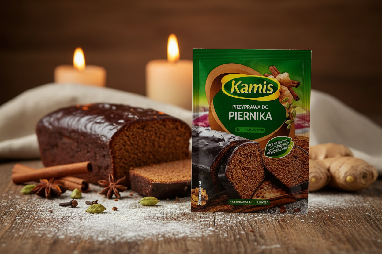 Kamis gingerbread spice packet on a rustic wooden table dusted with flour with dark glossy Polish piernik gingerbread loaf sliced to reveal dense moist interior and whole cinnamon sticks star anise cardamom pods cloves and fresh ginger root scattered artfully