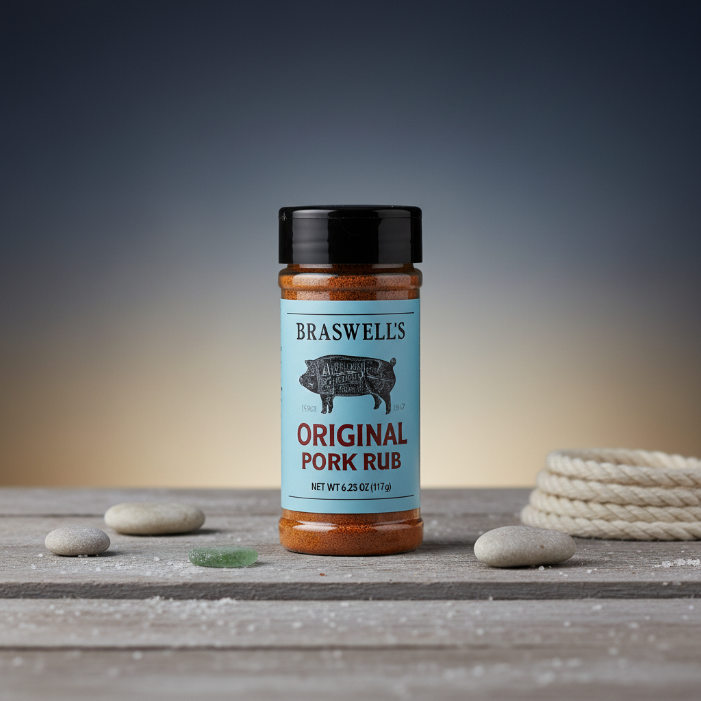 Braswell's Original Pork Rub jar with premium coastal background