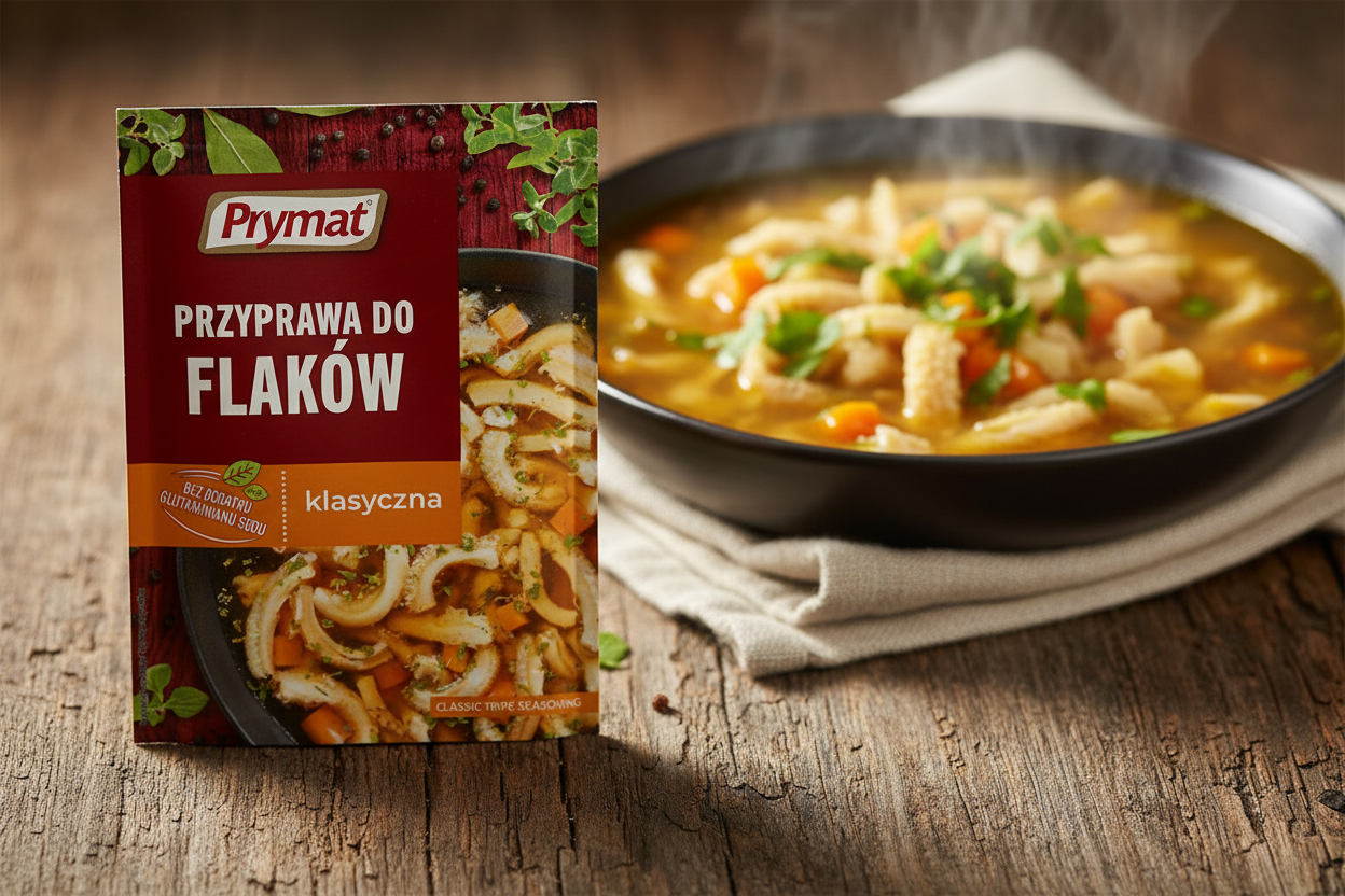 Prymat tripe seasoning packet on a rustic wooden table with steaming bowl of golden Polish flaki tripe soup with visible strips of honeycomb tripe diced carrots parsley root and celery in rich golden broth with fresh parsley garnish