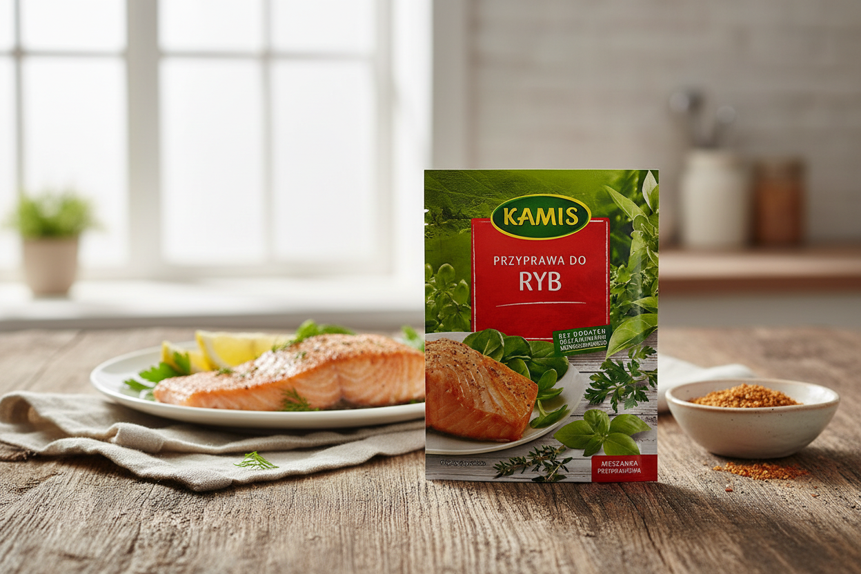 Kamis fish seasoning packet on a rustic wooden table with golden pan-seared salmon fillet on white plate with fresh lemon slices and dill fronds and parsley and small ceramic bowl of seasoning blend alongside