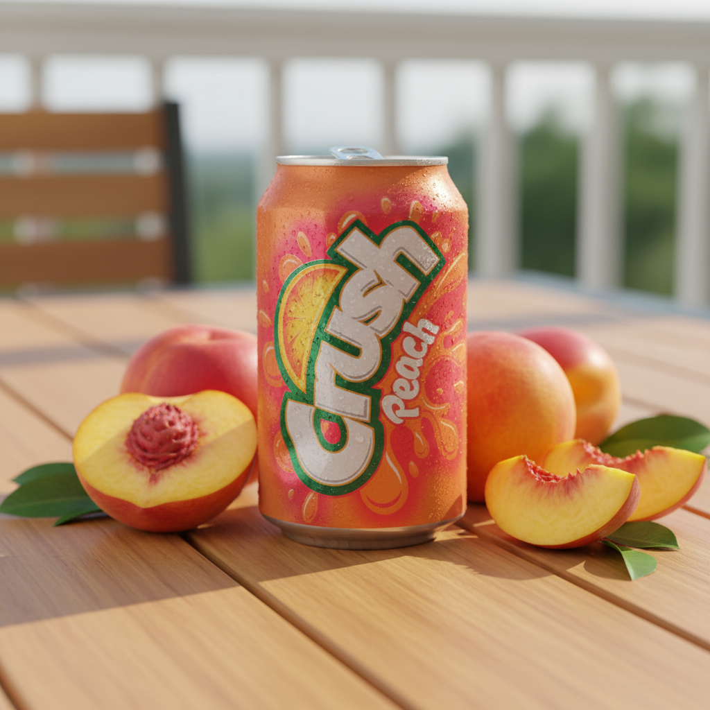 Crush Peach can on wooden patio table with fresh peach halves and summer sunlight