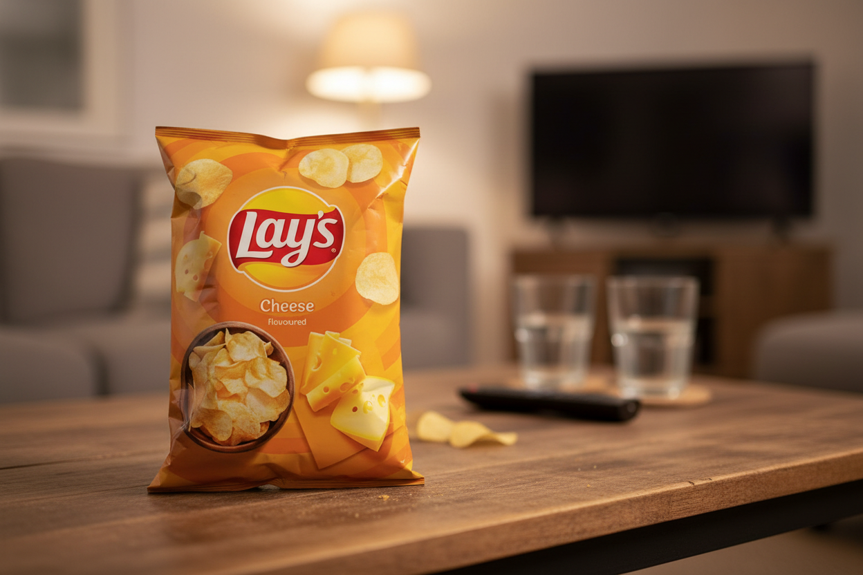 Lay's Cheese chips on cozy living room coffee table with remote and drinks