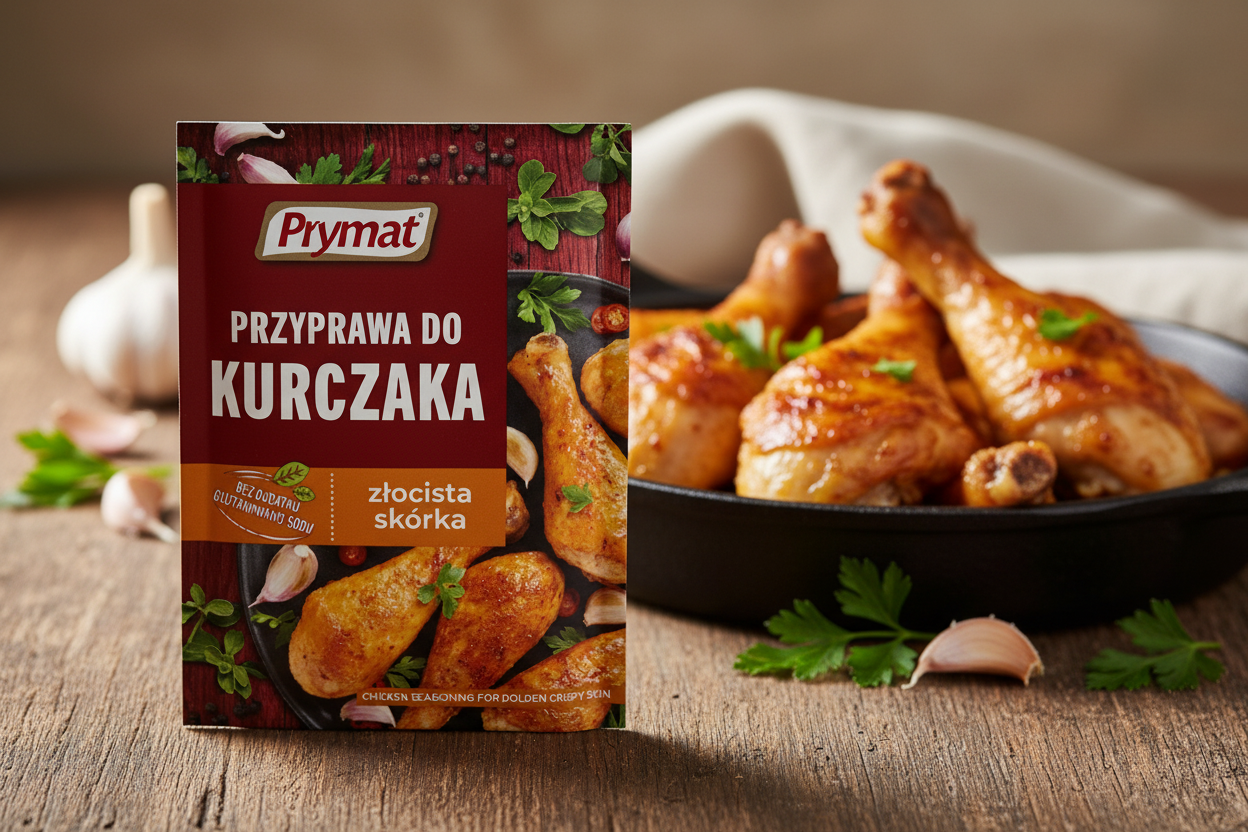 Prymat golden crispy skin chicken seasoning packet on a rustic wooden table with perfectly golden-roasted chicken drumsticks and thighs with extraordinarily crispy burnished golden skin on dark cast iron pan with fresh garlic cloves and flat-leaf parsley in warm golden natural light