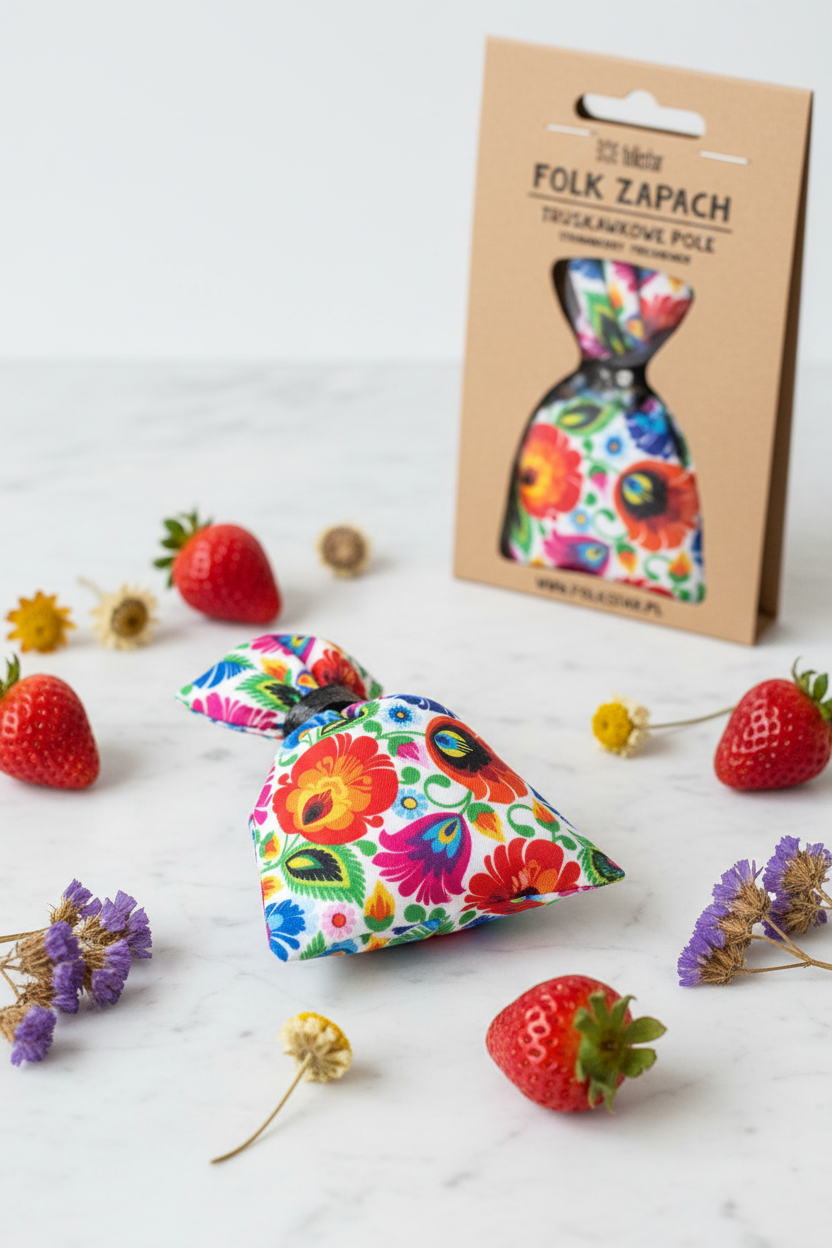 Folkstar Folk Zapach Truskawkowe Pole freshener on marble surface with dried wildflowers and fresh strawberries