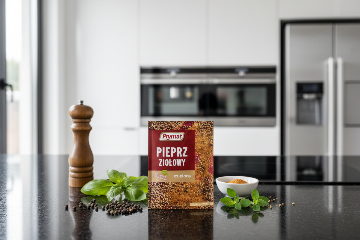 Prymat Ground Herbed Pepper on modern kitchen counter with fresh herbs