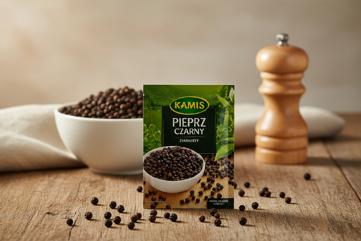 Kamis black peppercorns packet on a rustic wooden table with white ceramic bowl overflowing with whole black peppercorns and wooden pepper grinder beside it and scattered peppercorns on the wooden surface