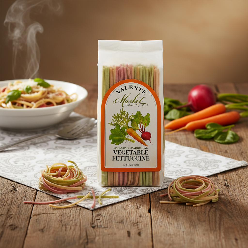 Valente Market Vegetable Fettuccine package with premium background