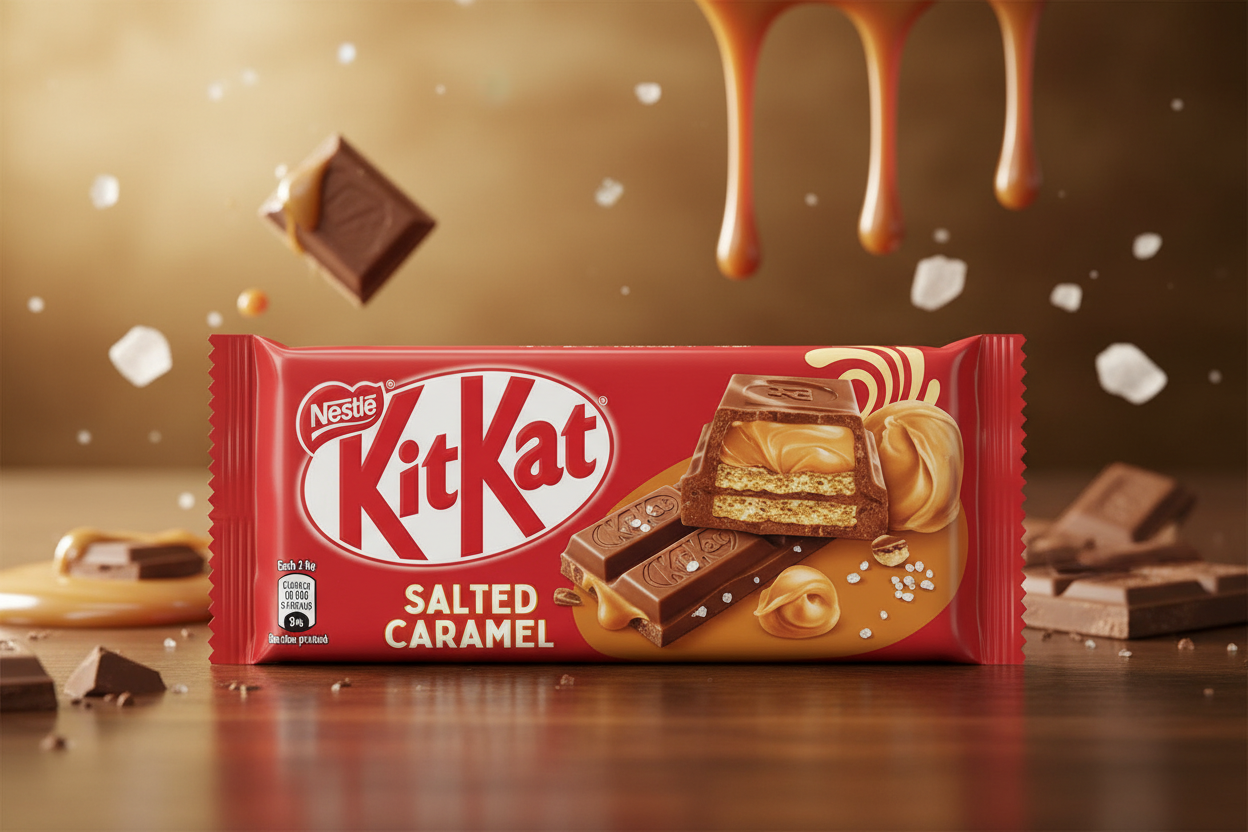 KitKat Salted Caramel chocolate bar with caramel drizzle and sea salt