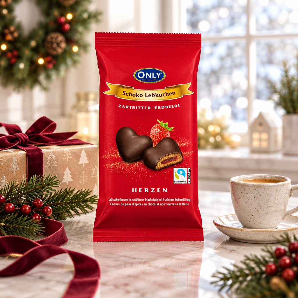 ONLY strawberry Lebkuchen hearts in a festive Christmas kitchen setting