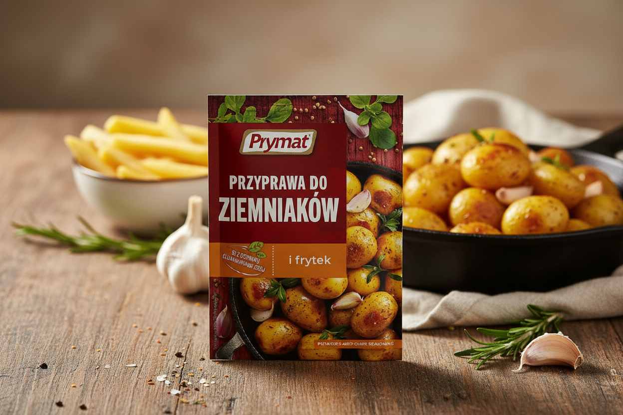 Prymat potato and chips seasoning packet on a rustic wooden table with cast iron pan overflowing with golden roasted baby potatoes with crispy skins and herb and garlic seasoning alongside small bowl of golden crispy french fries with fresh rosemary sprigs and garlic cloves in warm natural light