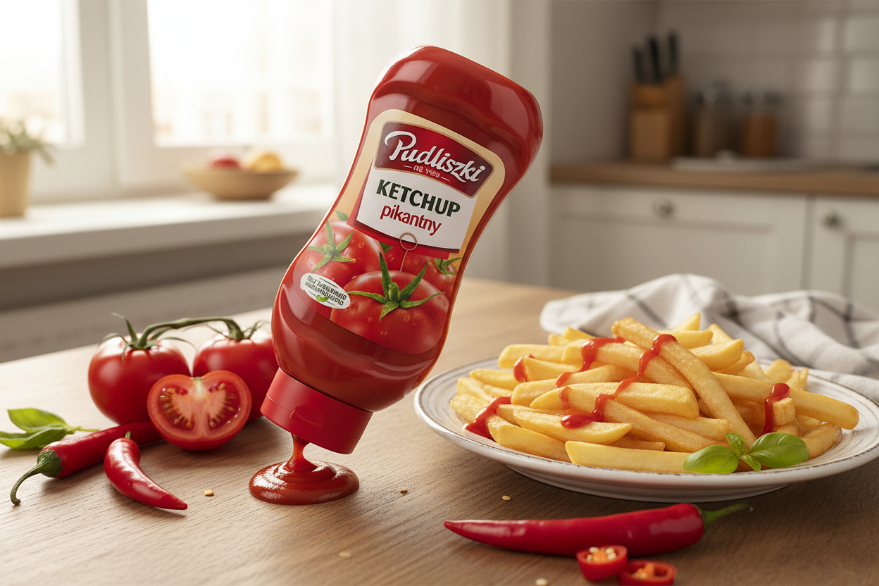 Pudliszki spicy ketchup beside crispy fries and chili peppers on a casual kitchen table