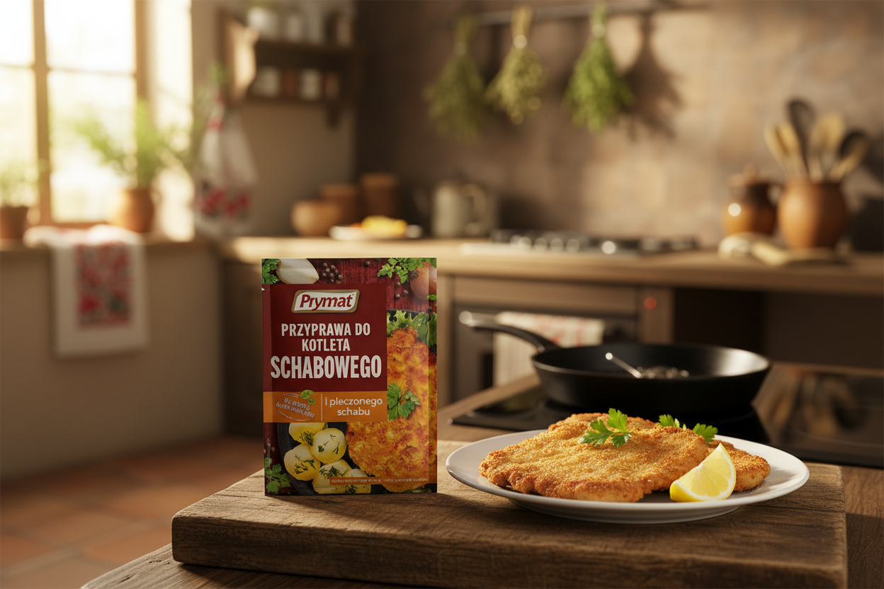 Prymat Pork Schnitzel Seasoning on cutting board with golden schnitzel