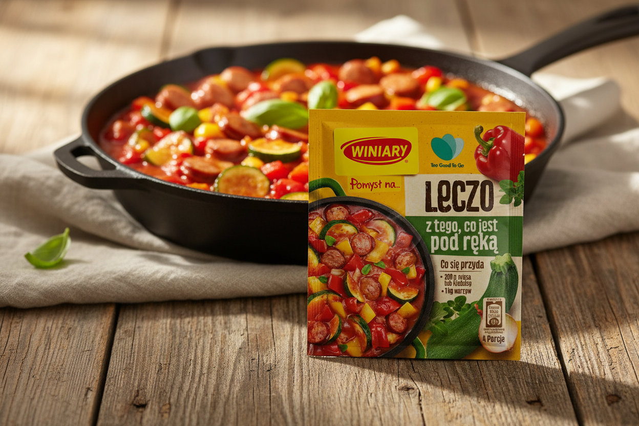 Winiary Pomyśl na leczo packet on a rustic wooden table with vibrant colourful Polish leczo in wide cast iron pan with kielbasa rounds courgette slices red and yellow peppers in rich tomato sauce and fresh basil alongside