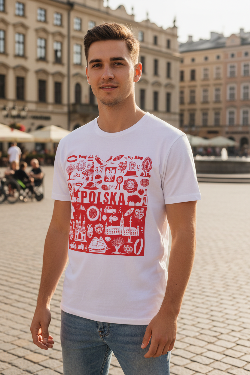 Young man wearing Folkstar Polish Symbols t-shirt in a sunny European city square