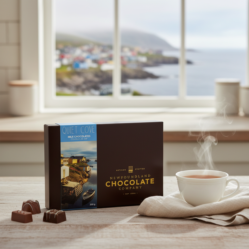 Quiet Cove Milk Chocolates box by Newfoundland Chocolate Company on a coastal kitchen table