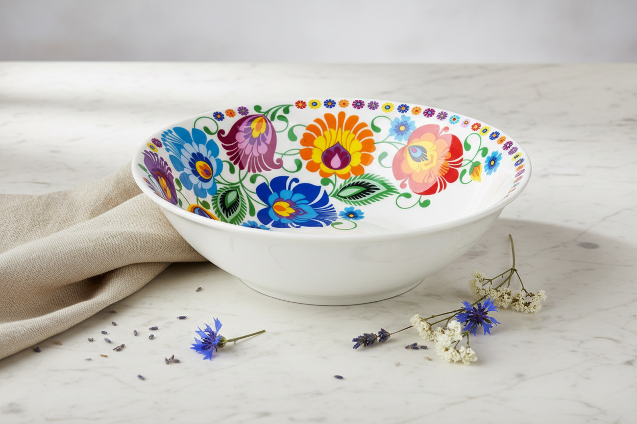 Folkstar Łowicz folk floral medium bowl on marble surface with linen napkin and dried wildflowers