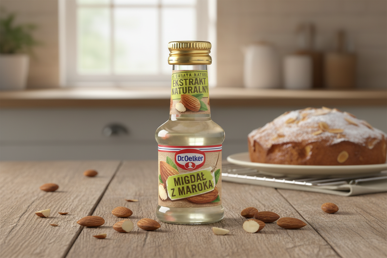 Dr. Oetker Moroccan almond extract bottle on a kitchen table with almonds and almond cake