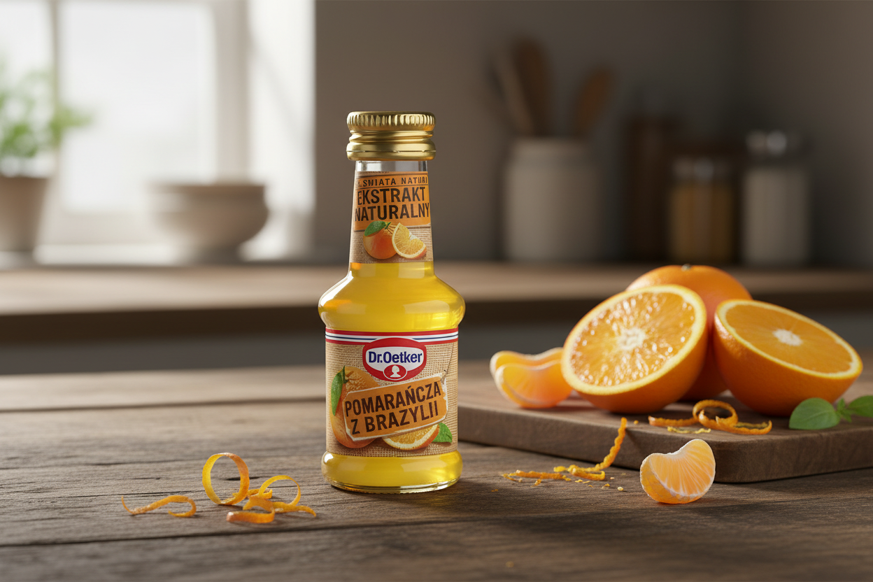 Dr. Oetker Brazilian orange extract bottle on a kitchen table with fresh oranges and natural daylight