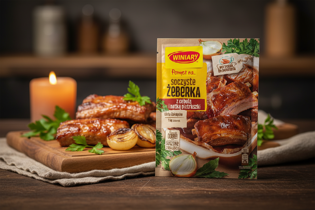 Winiary Pomyśl na soczyste żeberka packet on a dark rustic wooden table with beautifully glazed golden-brown pork ribs on a wooden board with caramelised onion halves and abundant fresh flat-leaf parsley alongside