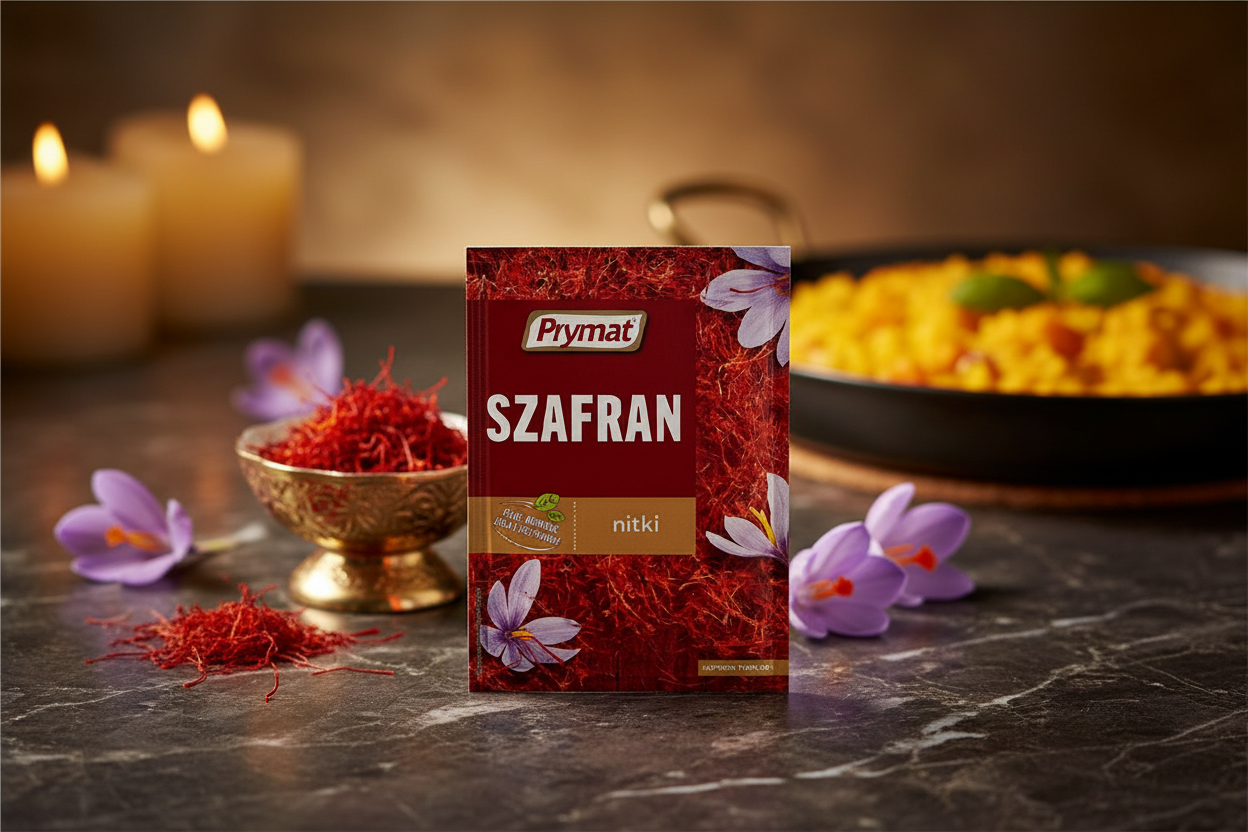 Prymat saffron threads packet on a dark marble surface with vivid crimson-orange saffron threads spilling from a small gold ceramic bowl and purple crocus flowers scattered and golden saffron-infused risotto in a dark pan in the background
