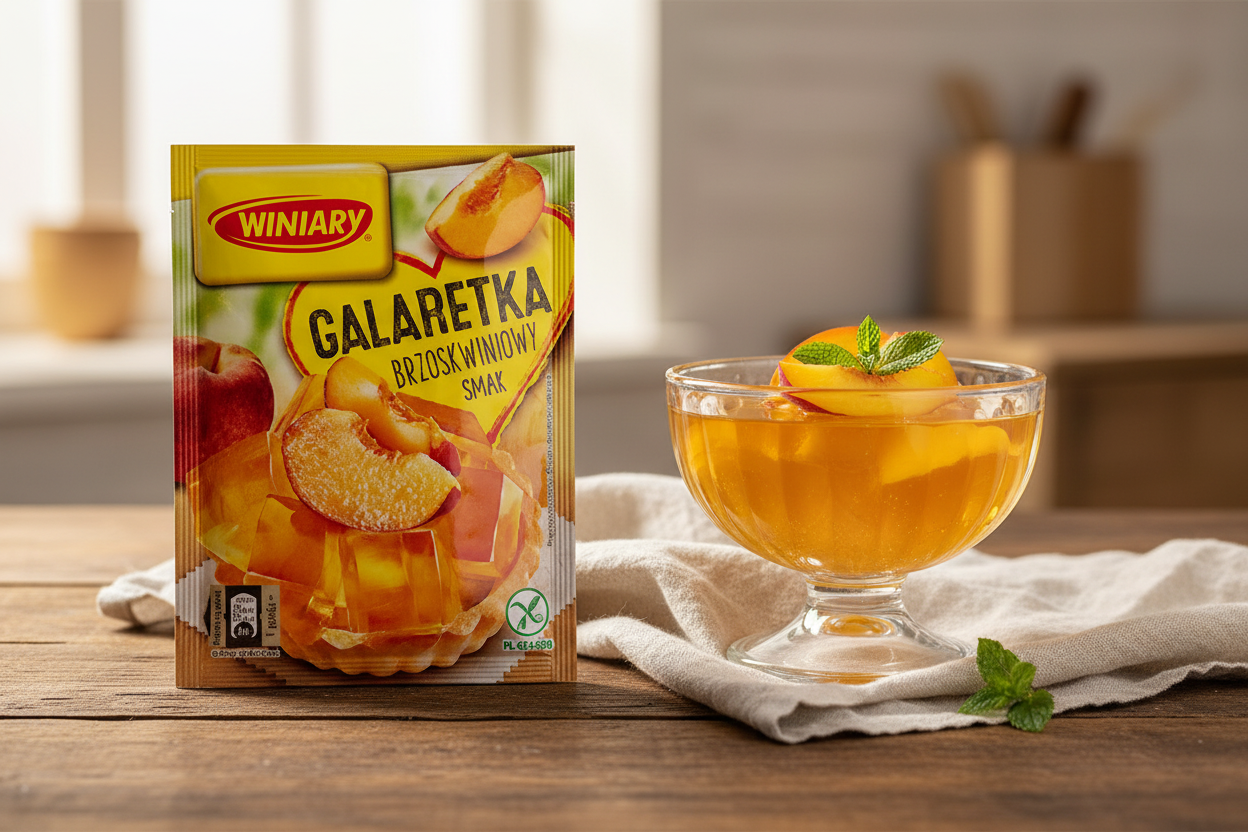 Winiary peach jelly packet on a wooden table with a golden amber peach jelly set in a glass dessert bowl with fresh peach slices and mint sprig alongside