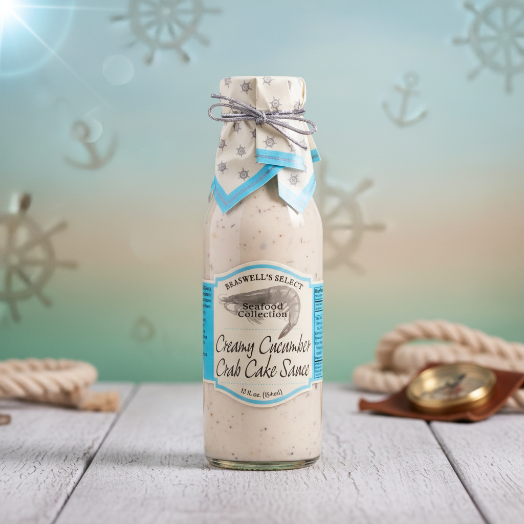 Braswell's Creamy Cucumber Cold Deli Sauce bottle with premium coastal background