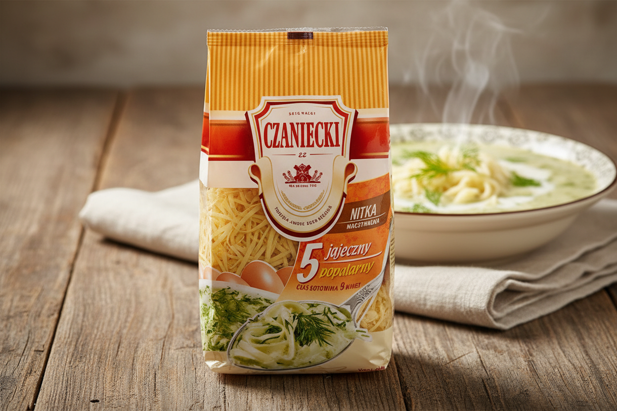 Czaniecki Nitka 5-egg Polish fine egg noodles bag on a rustic wooden table with steaming bowl of creamy Polish zupa koperkowa dill soup with fine egg noodles and fresh dill fronds floating on top in warm natural light