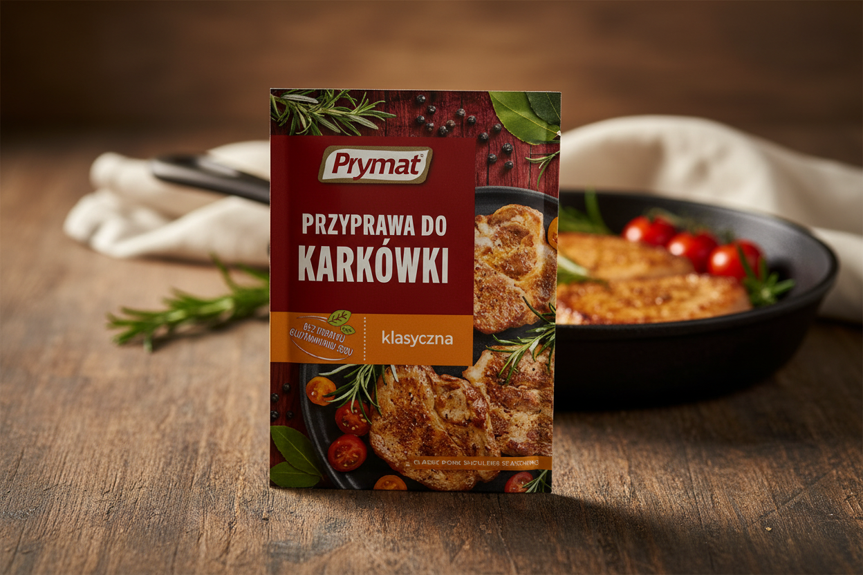 Prymat pork neck seasoning packet on a rustic wooden table with golden-crusted grilled karkówka pork neck steak sizzling in cast iron pan with cherry tomatoes and fresh rosemary sprigs in warm natural light