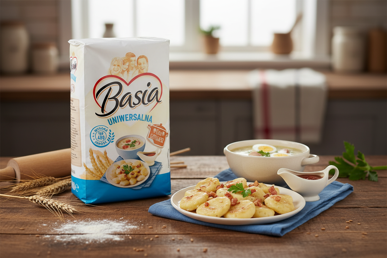 Basia Uniwersalna flour bag on a kitchen table with a bowl of zurek soup and kopytka potato dumplings