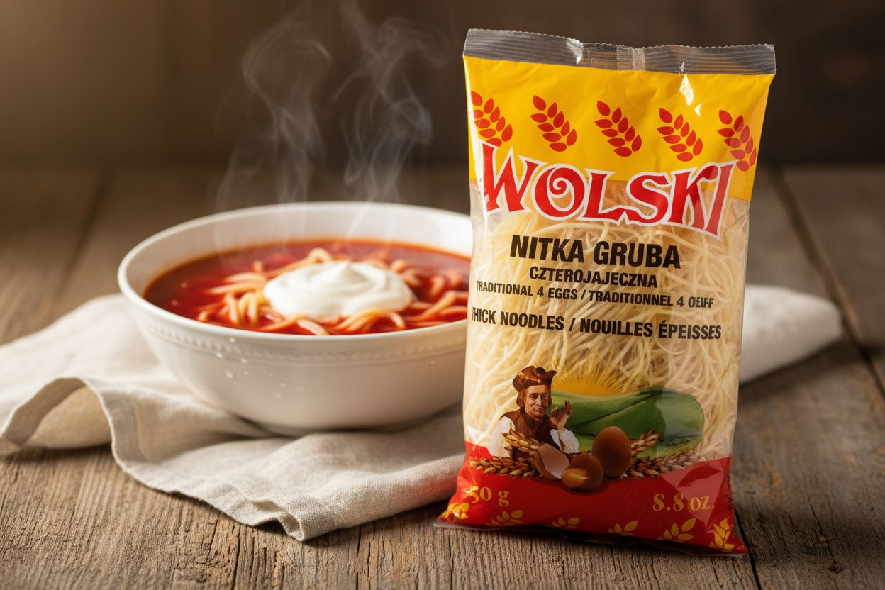 Wolski Nitka Gruba Polish thick noodles bag on a rustic wooden table with steaming bowl of hearty Polish barszcz czerwony red borscht with thick egg noodles and a swirl of sour cream in warm amber natural light