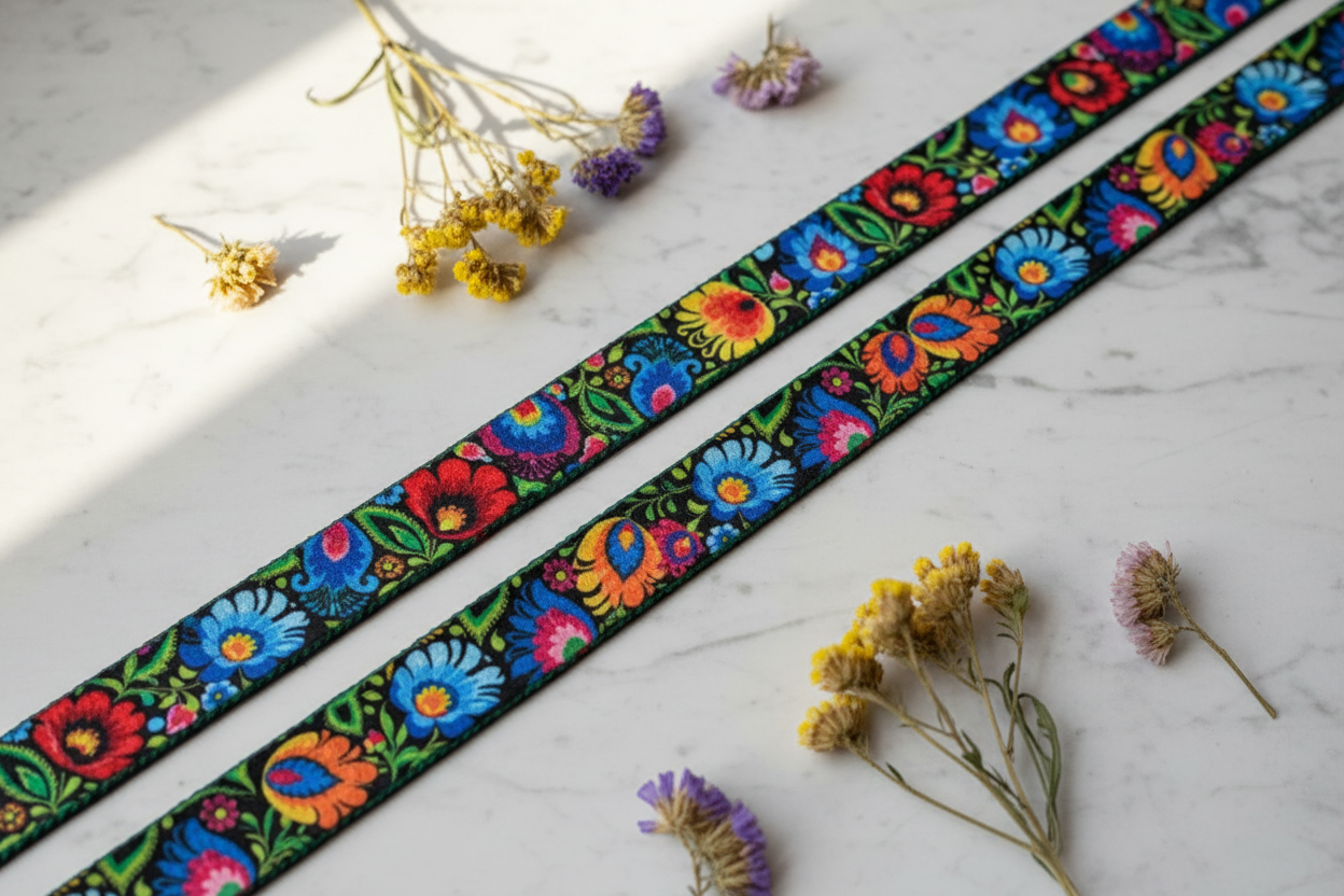 Folkstar Łowicz folk shoelaces laid flat on marble surface with dried wildflowers