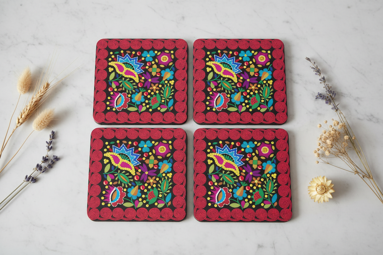 Folkstar Kraków folk cork coasters arranged in flat lay on marble surface