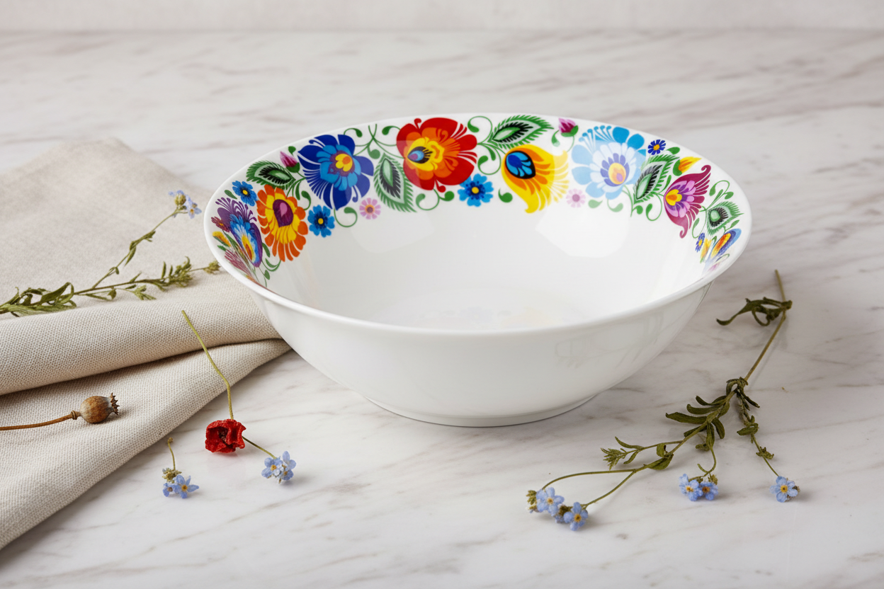 Folkstar Łowicz folk floral bowl on marble surface with linen napkin and dried wildflowers