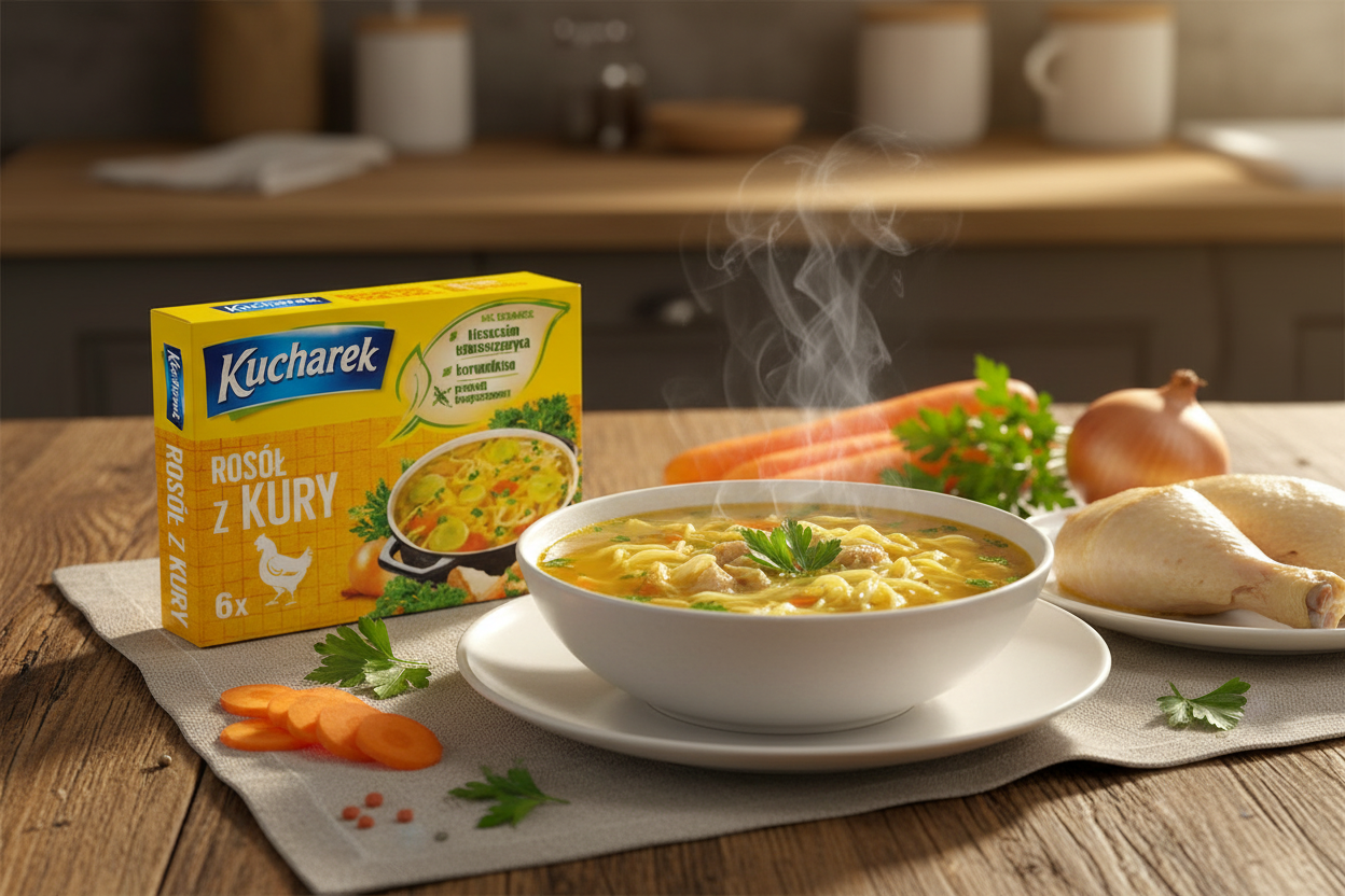 Kucharek chicken broth bouillon box on a wooden table with a steaming bowl of golden rosół with egg noodles fresh parsley and chicken alongside fresh vegetables