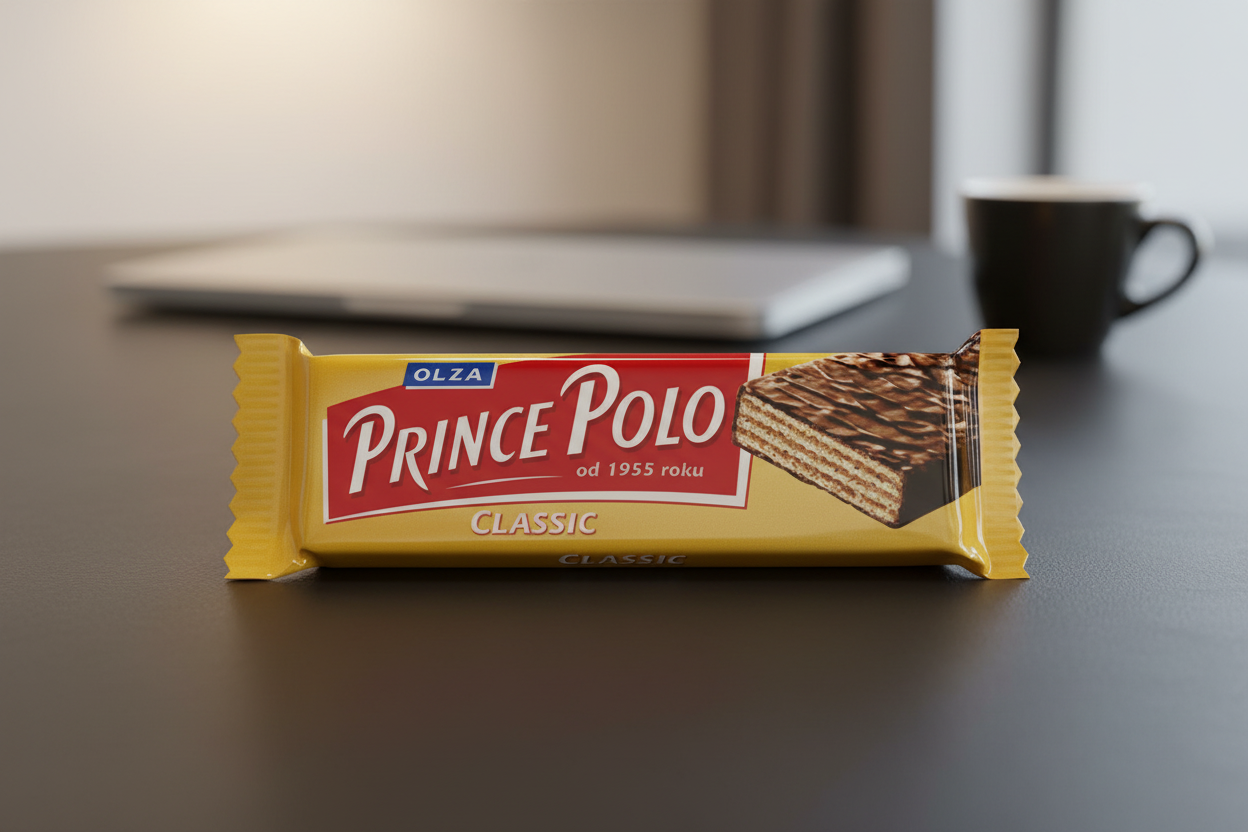 Prince Polo Classic chocolate wafer bar on home office desk